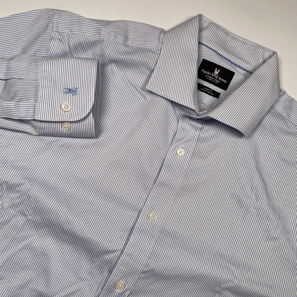 Psycho Bunny Mens Blue White Striped Non Iron Stretch Dress Shirt 16.5 34/35 L